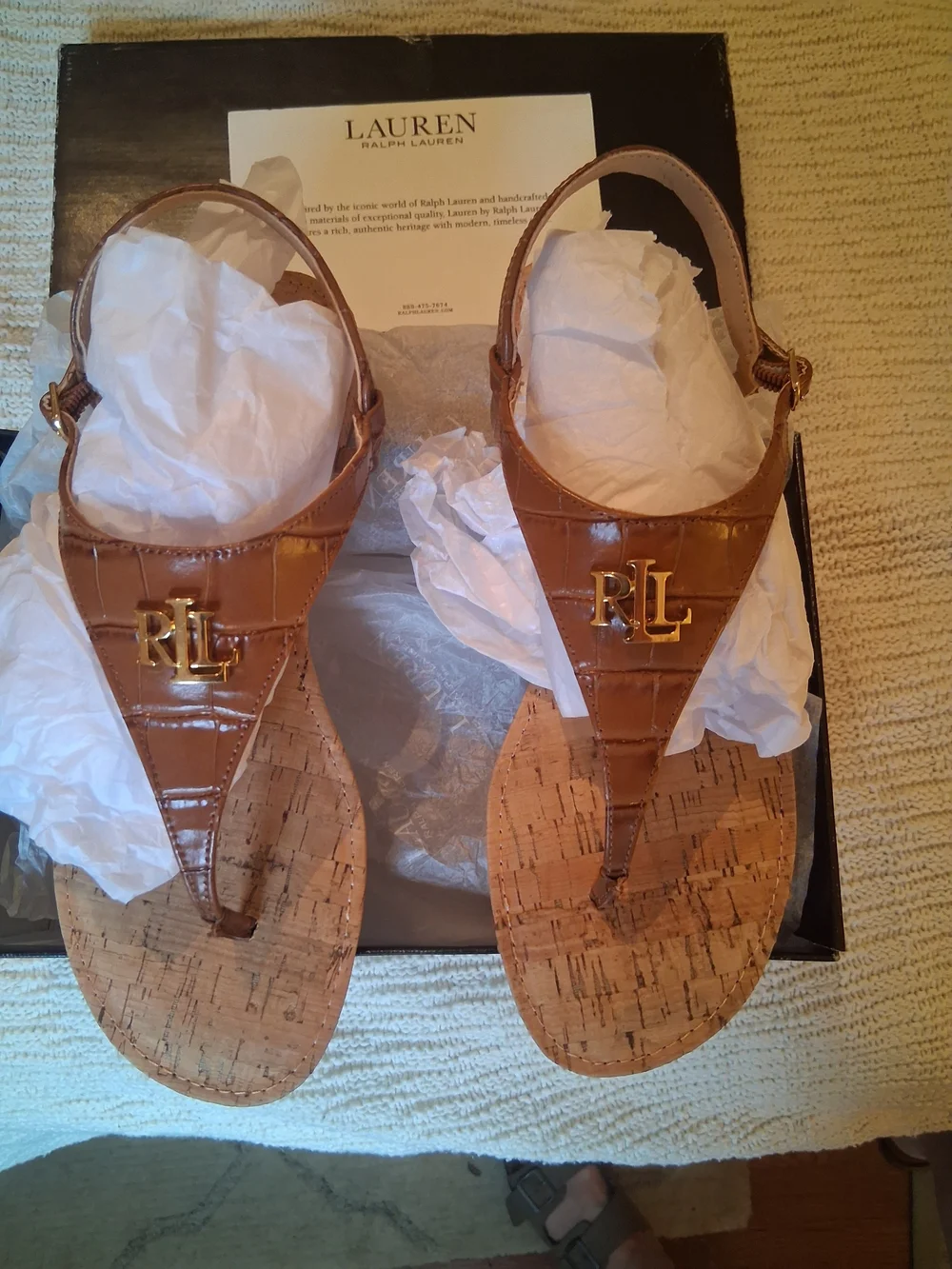 Lauren Ralph Lauren Brown Cork Thong Sandals with RL Logo - Picture 1 of 5